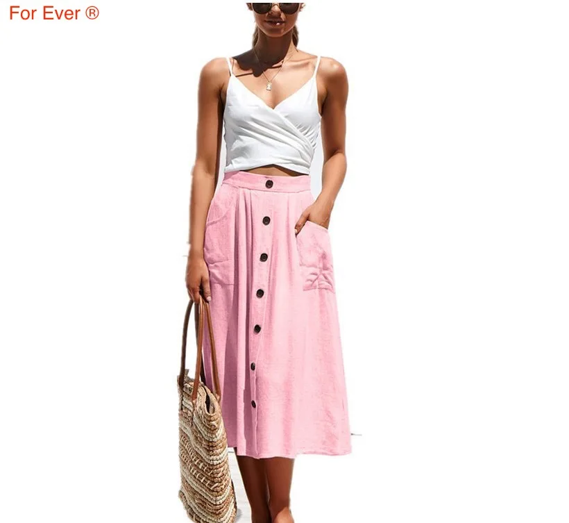 

2019 Women Skirt Mid-Calf Skirt Casual Office Lady Skirt with Pocket and Buttons