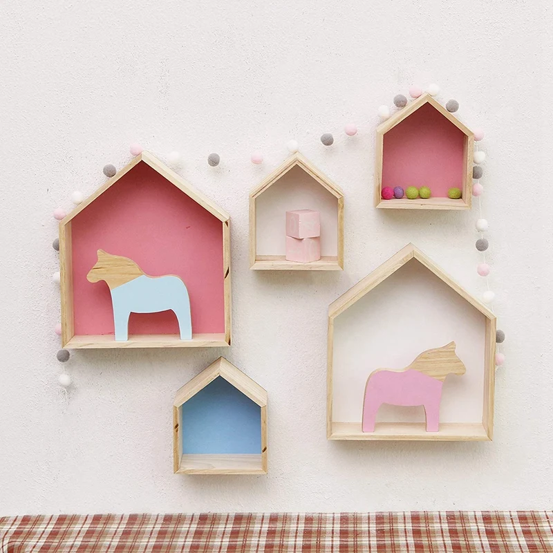 

2Pcs Lovely Wooden House-Shaped Wall Storage Shelf Kid'S Room Decoration