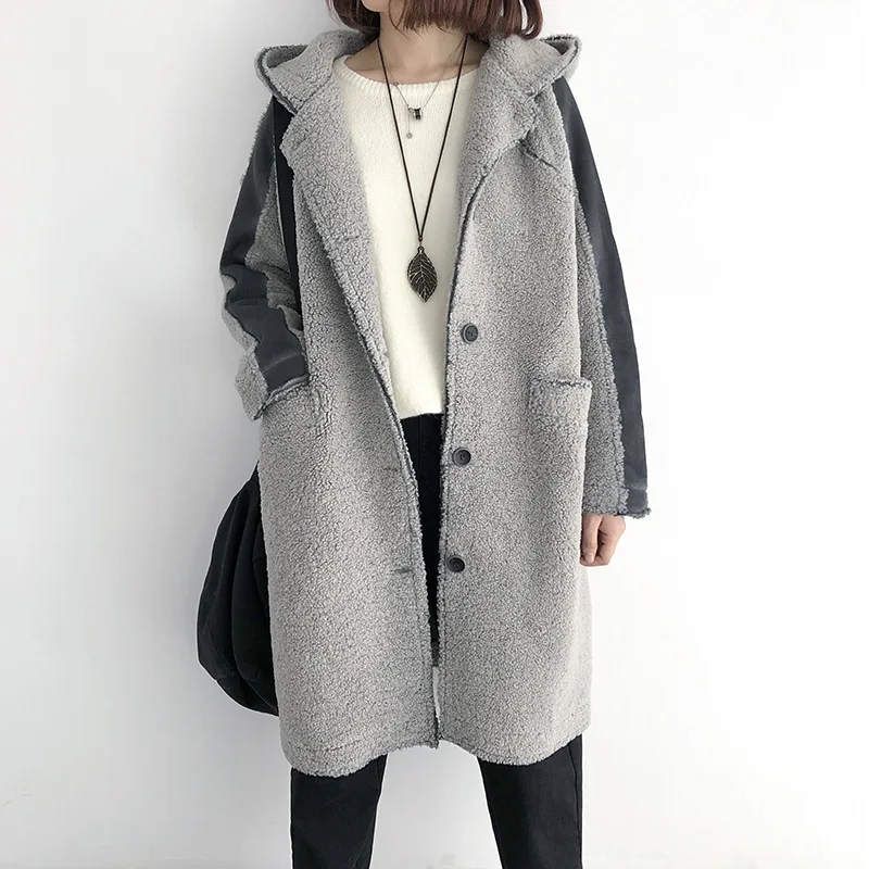 deep gray Зимние женские Куртки из искусственной овечьей шерсти, модное мягкое пальто с капюшоном, однобортное Свободное длинное теплое пальто - Цвет: deep gray