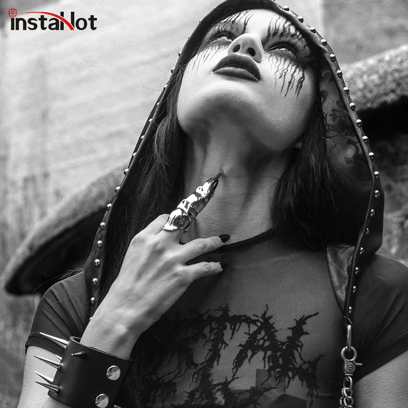 

InstaHot Black Gothic Darkness Hooded Metal Chain Halloween Party Hood Hats Splice Cotton Punk Streetwear Witch Hats 2019 New