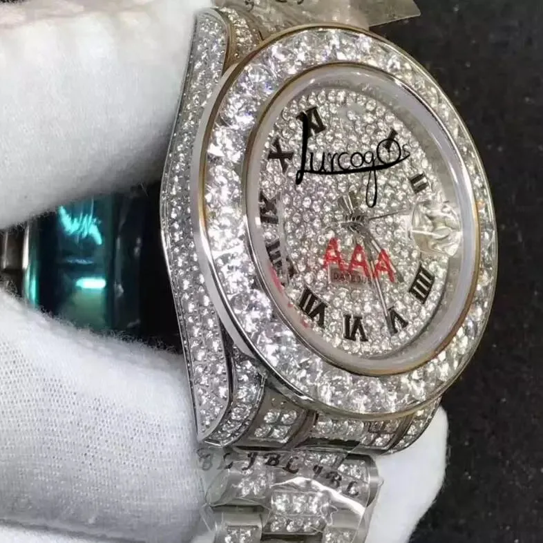 

Full diamonds Silver Iced out Arabic numerals Luxury Brand Ro&lex watch with box Men automatic self-wind sweeping movement