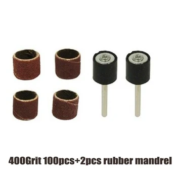 

High Quality 100pcs Sandpaper Tube 1/8" Shank 60/120/240/400Grit 12.5*12.5mm Kit +2pcs Rubber Mandrel