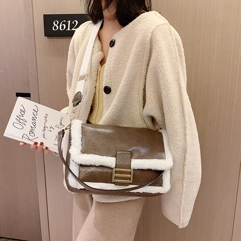 FANTASY Lambswool PU Leather High Capacity Crossbody Shoulder Bags For Women Messenger Bags Winter Trendy Handbags Lady