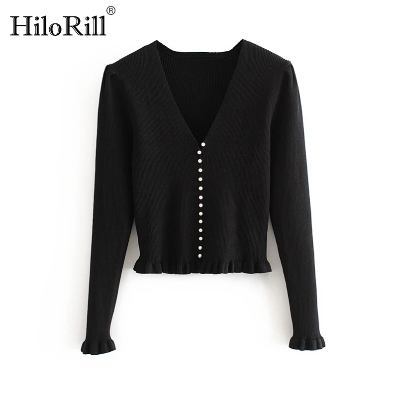 HiloRill Solid Chic Knitted Cardigan For Women 2021 V Neck Long Sleeve Casual Black Top Ruffle Buttons Ladies Sweater Tops |
