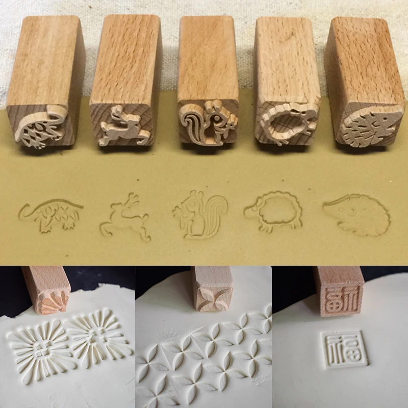 Hand Carved Wooden Stamps Wood Seal for Printing DIY Clay Pottery Printing Blocks Clay Tool Fish Bone / Squirrel / Flower Deer