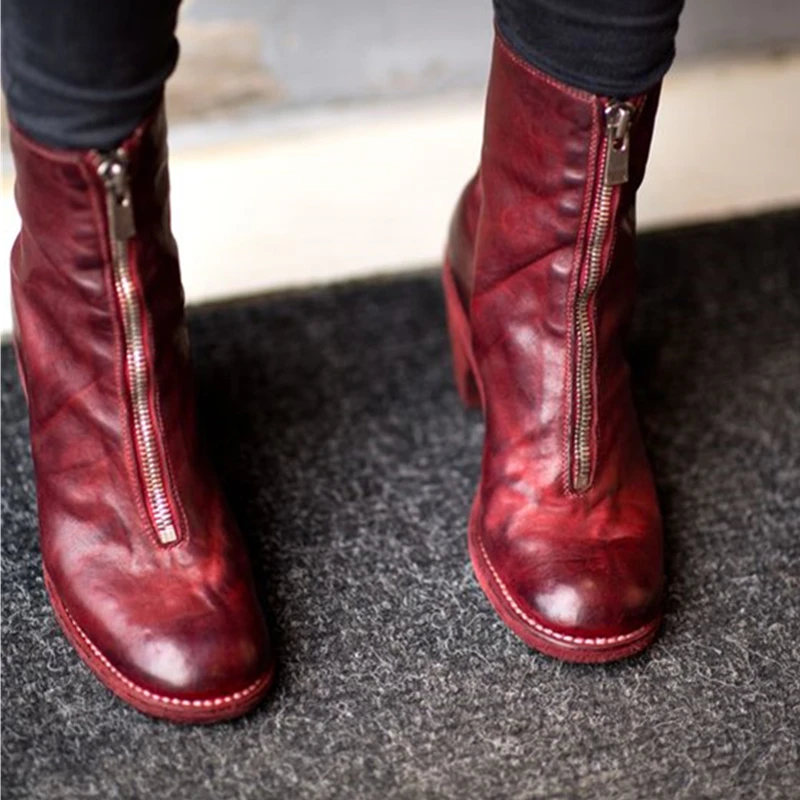 

Genuine Leather Black Women Ankle Boots Do old Style Dirty Shoes Fashion Front zipper Flats Motorcycle boots zapatos de mujer 40
