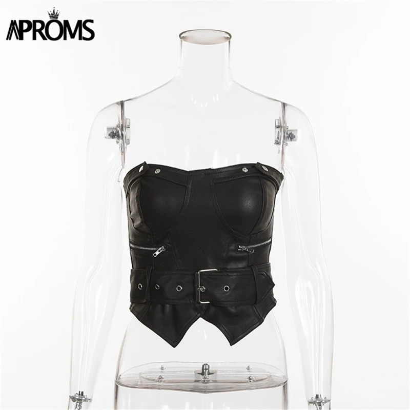Черный Aproms, сексуальные женские топы из искусственной кожи с открытыми плечами, осень, уличная одежда, бодикон, бюстье, короткий топ, 90 s, крутые, для девушек, черные, тройники - Цвет: Черный