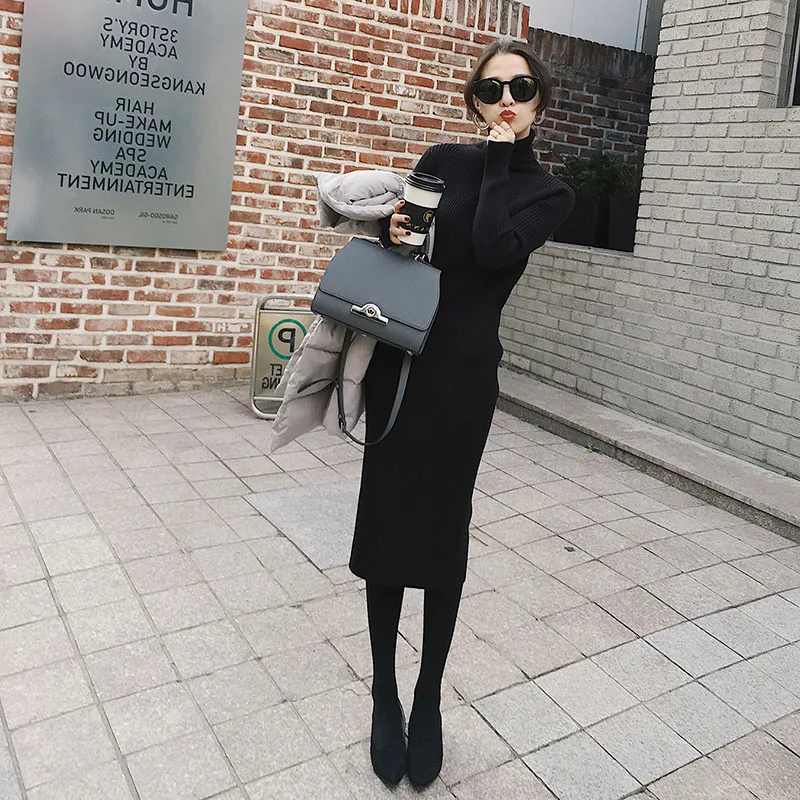 

2019 new fashion women's sweater dresses High-necked loose mid-length padded bottomed knit dress