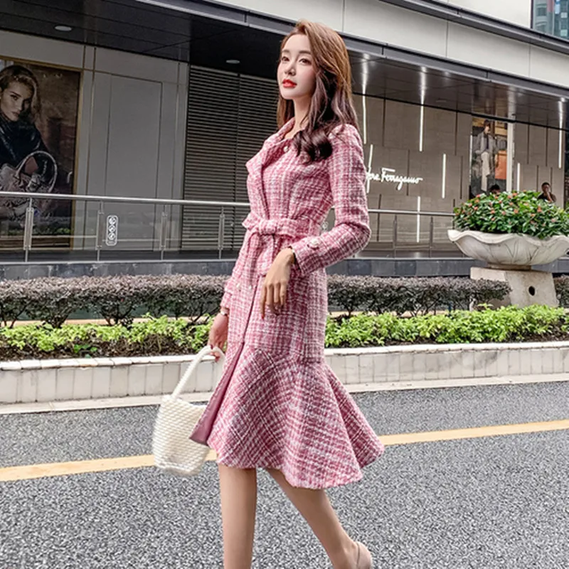 Осенне-зимнее корейское тонкое розовое твидовый в клетку длинное шерстяное пальто женское зубчатое двойное Dreasted пояса оборки шерстяное пальто