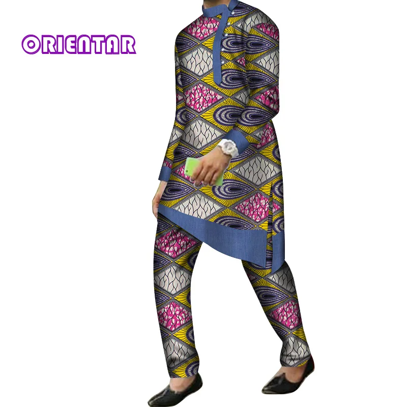 2 Pieces Set Men African Clothes Long Sleeve Shirt and Pants Traditional African Bazin Riche Print Dashiki Suit Trousers WYN844