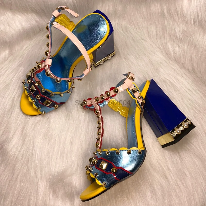 

Fashion Women High Heel Sandal Blue Rivets Studded Sandals Chunky T Strap Pumps Luxury Summer Fetish Dress Shoes
