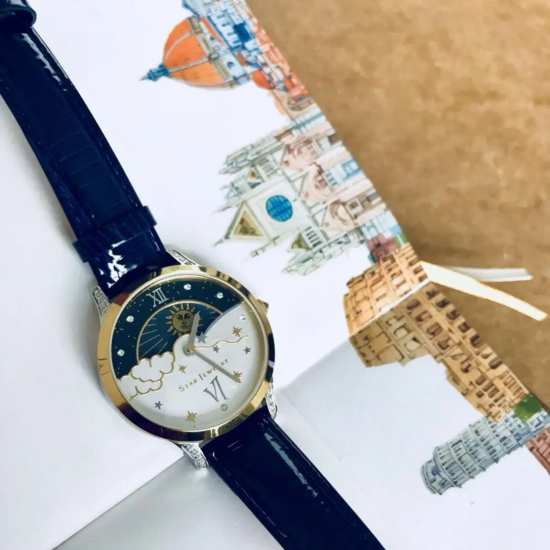 

Women Luxury Fashion blue White Watch Lether Watchband Shell Surface Fritillaria Star Moon Round Dial Japanese Quartz watch