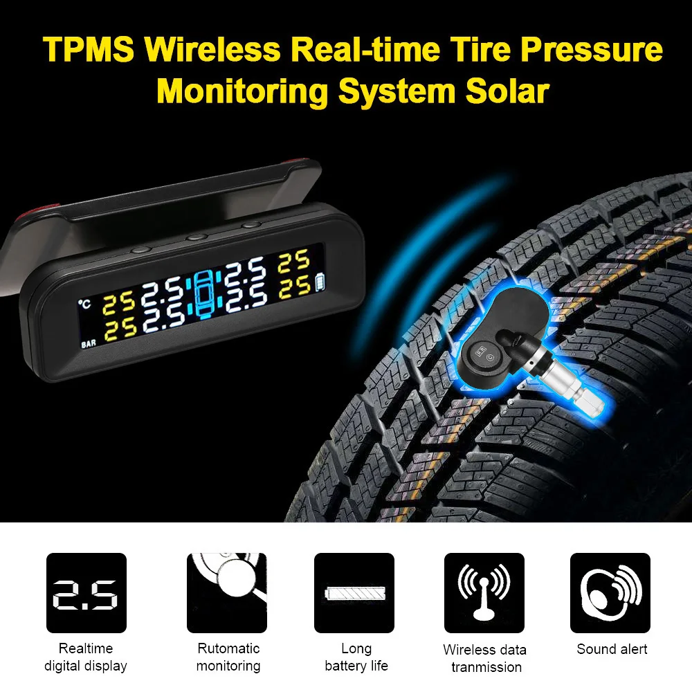 Автомобильный TPMS система контроля давления в шинах Беспроводная Солнечная энергия в реальном времени прозрачный ЖК-дисплей 4 внутренних датчика функция сигнализации