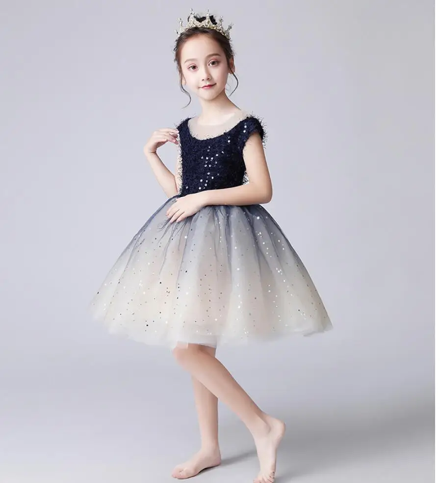 Темно-синие кружевные вечерние фатиновые платья с блестками для девочек; платья для первого причастия; Пышное Платье для девочек; платье с цветочным узором для девочек на свадьбу