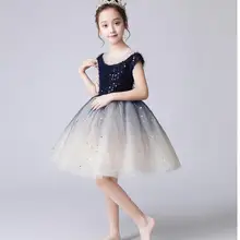 Темно-синие кружевные вечерние фатиновые платья с блестками для девочек; платья для первого причастия; Пышное Платье для девочек; платье с цветочным узором для девочек на свадьбу