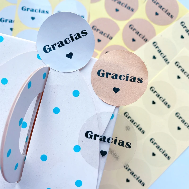 100Pcs Gracias Spanisch dicht aufkleber Runde schwarz liebe herz aufkleber Brot Lebensmittel Geschenk Dichtung Weiß rindsleder transparent 3,5 CM – Detail 2