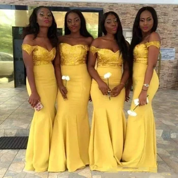 

African Yellow Cheap Mermaid Bridesmaid Dresses Off Shoulder Sequined Satin Wedding Party Gowns Formal Gowns Maid Of Honor Dress