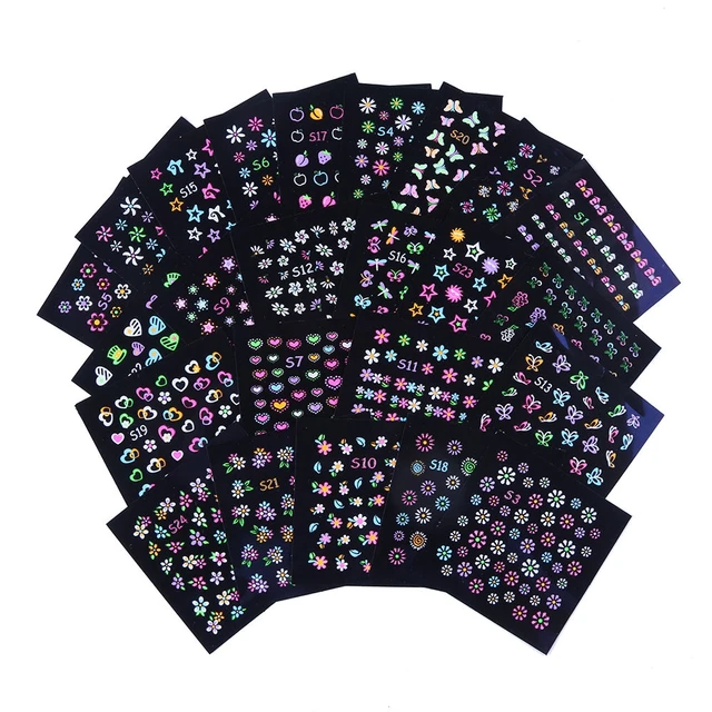 Lots Fluorescent Flowers Nail Stickers Party Butterfly Night Glow Star Decoration Manicure Applique Sliders For Nails Set Design 24 sheets