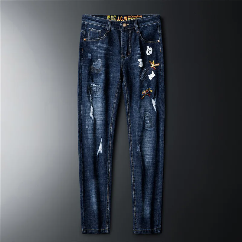New Style MEN'S Jeans Non-Mainstream Embroidered Cool MEN'S Trousers Faded Retro Casual Straight-Cut Men's Trousers