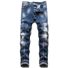 Pantalones vaqueros ajustados para hombre, Jeans desgastados, rasgados, con puntos de pintura, marca italiana de moda, #1077