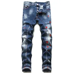 Pantalones vaqueros ajustados para hombre, Jeans desgastados, rasgados, con puntos de pintura, marca italiana de moda, #1077