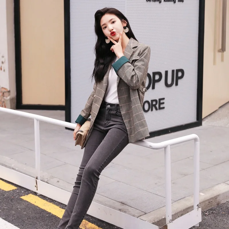 

Small Suit Coat Women's 2018 Autumn And Winter New Style Korean-Style Pei Xiu Zhitong-CHIC Plaid Double Breasted Leisure Suit