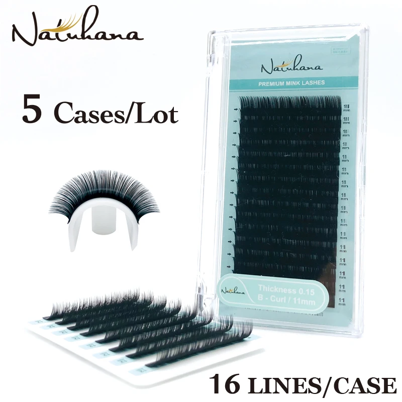 

NATUHANA 5 Cases/Lot 16rows Natural Soft Eyelash Extension Premium Matte Black Individual Mink False Lashes Makeup Cilios