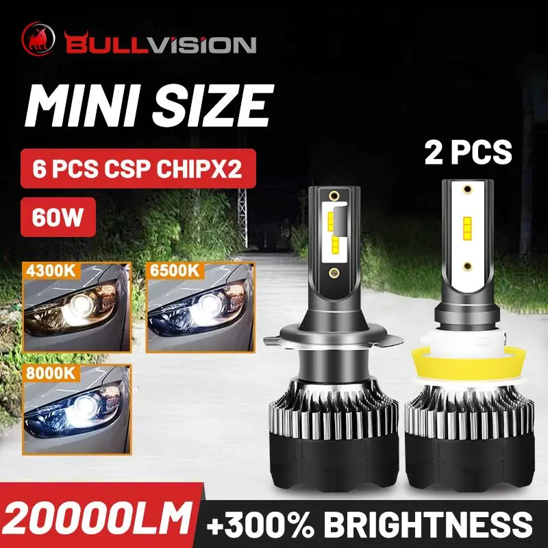 Bullvision H11 H4 H7 Led Headlight Hb3 Hb4 6500k 4300k 8000k H1 H8 H9 9006 Led Car Light Bulb Turbo Fog Light 20000lm - Car Headlight Bulbs( led) - AliExpress