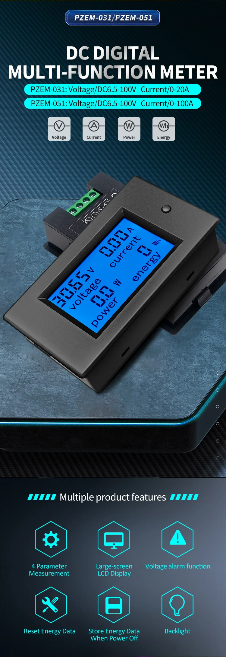 PEACEFAIR DC Digital Panel Voltmeter Ampermeter 6,5-100 V 100 A 4 IN1 LCD Power Energie Strom Watt Meter PZEM-051 Ohne Shunt – Detail 5