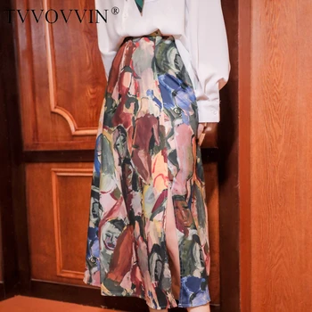 

Korea Fall Long Skirts Womens Impressionism Print High Waist A Line Ladies Midi Skirts Autumn Clothing Z052