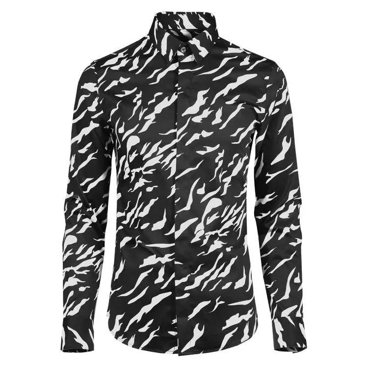 Minglu, роскошная мужская рубашка с повторяющимся принтом, Camisa Masculina, мужская рубашка с длинным рукавом, высококачественная ткань, облегающая мужская рубашка - Цвет: BLACK
