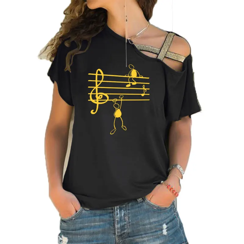 Музыкальная футболка с забавным принтом, женские летние футболки с короткими рукавами с изображением животных, Harajuku, футболка для девочек, асимметричные топы с перекрещивающимися полосками, футболка - Цвет: 3
