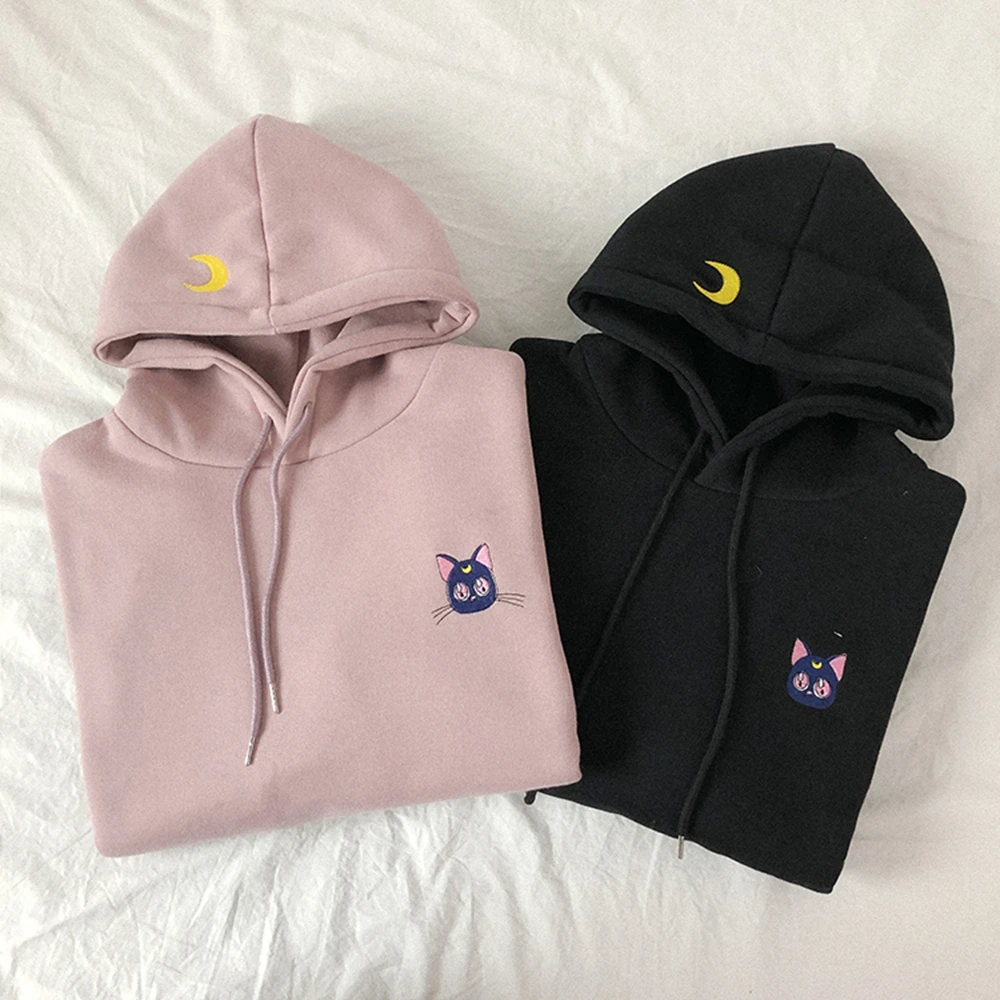 

Loose Sweatshirt Hooded Pullover Women Embroidered Moon Cat Pink Hoodie Women's Autumn Kawaii Korean Women's Hoodie