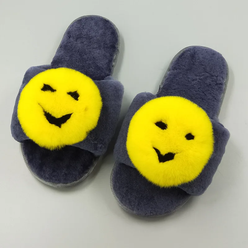 

New Style Autumn & Winter Sheep Shearing Slipper Men's Women's Warm Fur Clothing Rabbit Fur Smiley Accessories Slippers