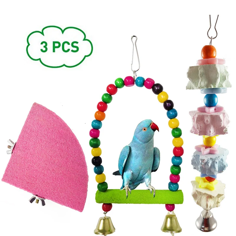 3pcs Pet Toy Bird Swing Wooden Chew Toys For Parrots Hanging Bridge String with Bells Swing Colorful Parrot Toy Training Tool