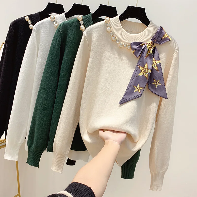 

Sweater Women's Temperament Loose Outer Wear New Winter Beaded Bow Scarf Sweaters Sweater Ladies Jumper Mujer 2020 Nancylim