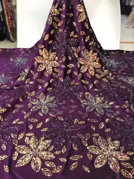 

New Purple French Net Lace Fabric 2019 High Quality Latest African Sequins Lace Fabric Embroidery Mesh Velvet Tulle Lace Fabric