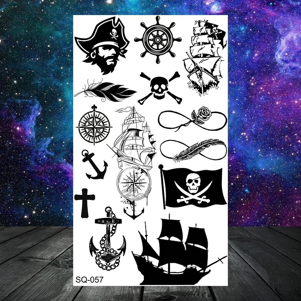 Anchor Pirate Skull Temporary Tattoos For Women Adult Men Kids Boy Astronaut Ship Seahorse Fake Tattoo Neck Arm Hand Small Tatoo 4