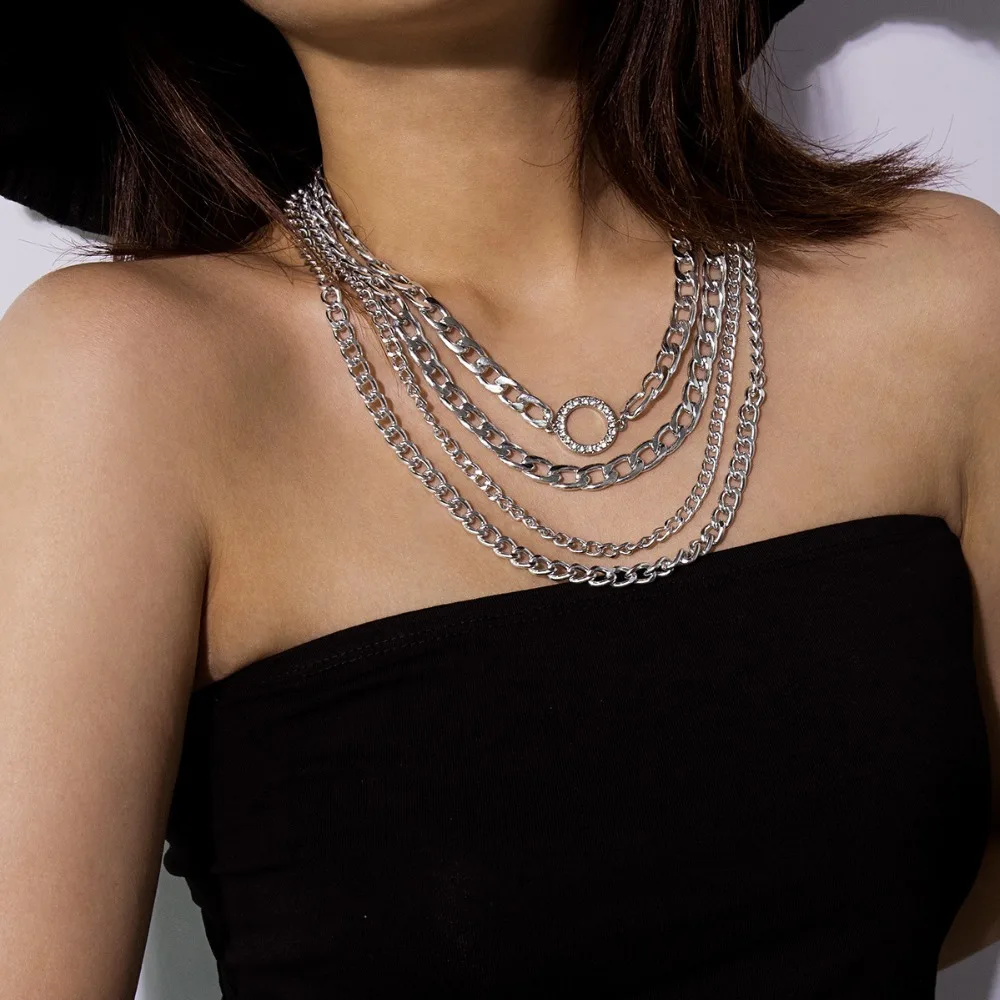 KMVEXO Vintage Punk Multilayer Lock Chains Chokers Gold Silver Round Crystal Long Chain Necklaces For Women Party Jewelry