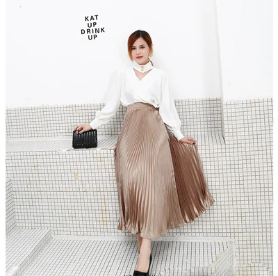 khaki(long 80cm) Летняя модная винтажная Серебристая золотая металлическая однотонная Расклешенная юбка макси с высокой талией, пляжные длинные плиссированные юбки для женщин - Цвет: khaki(long 80cm)