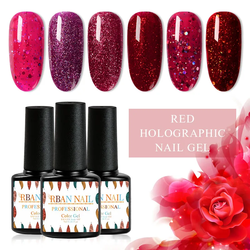 

RBAN NAIL Red Series Holographic Glitter Nail Gel 7ML Lacquer Soak Off UV LED Long Lasting Nail Art Varnish Manicure Tools
