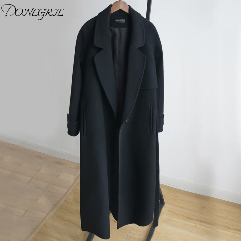 

2019 Winter women cashmere wool jacket new fashion medium long loose woolen coat black slim long-sleeved woolen outerwear