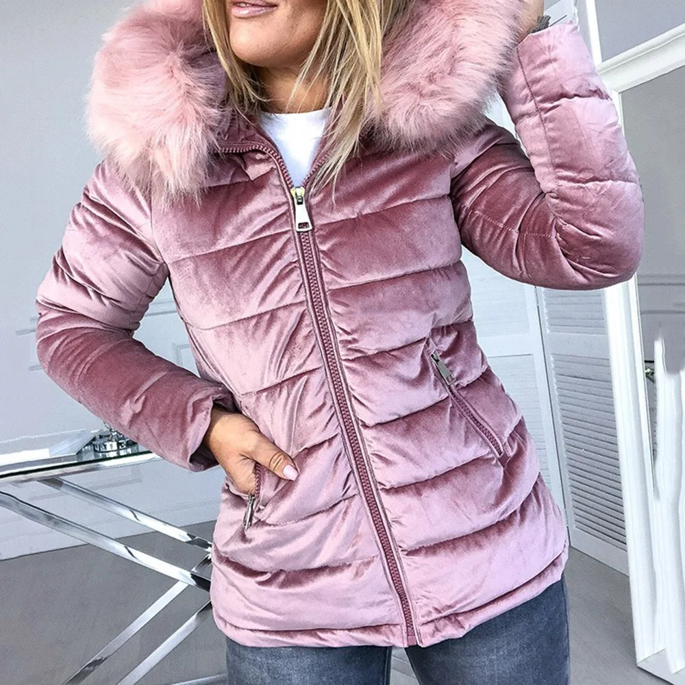 Beste Vrouwen Katoen Gewatteerde Jassen Grijs Roze Plus Size 4XL Capuchon Bontkraag Dikke Mode Basic Sneeuw Bovenkleding Winter Fluwelen Jasje jas