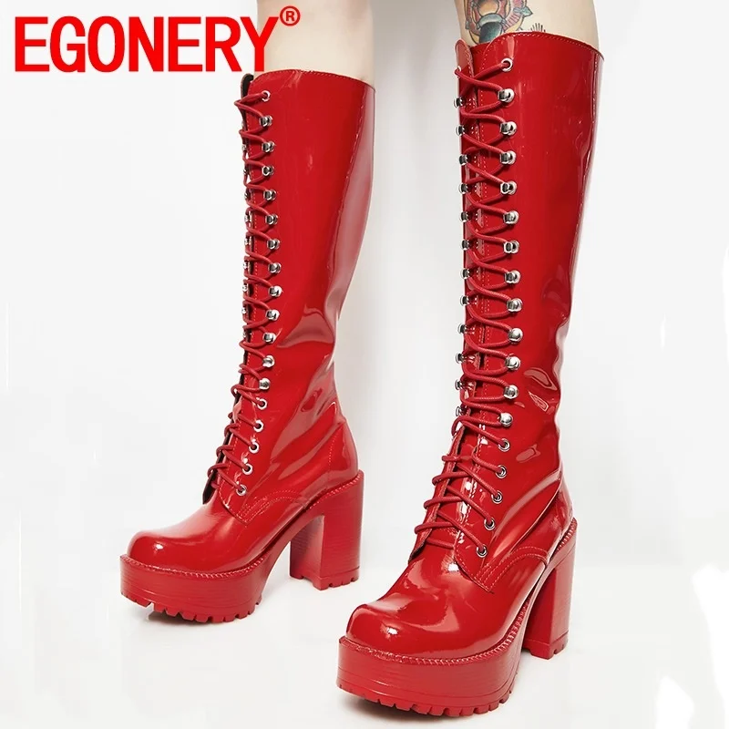 

EGONERY hot sale knee high boots outside super high heels platform round toe cross-tied women shoes drop shipping size 35-45