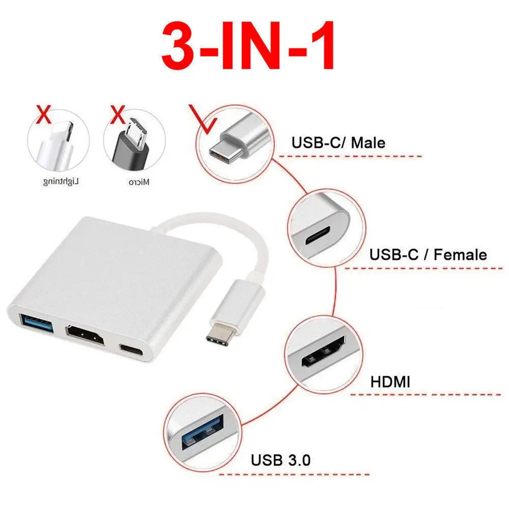 Многоцелевой Тип мини-C отложным воротником Hdmi «Три в одном» Тип-C отложным воротником Usb Тип с разъемами типа C и Hdmi конвертер USB Интерфейс для Apple Macbook