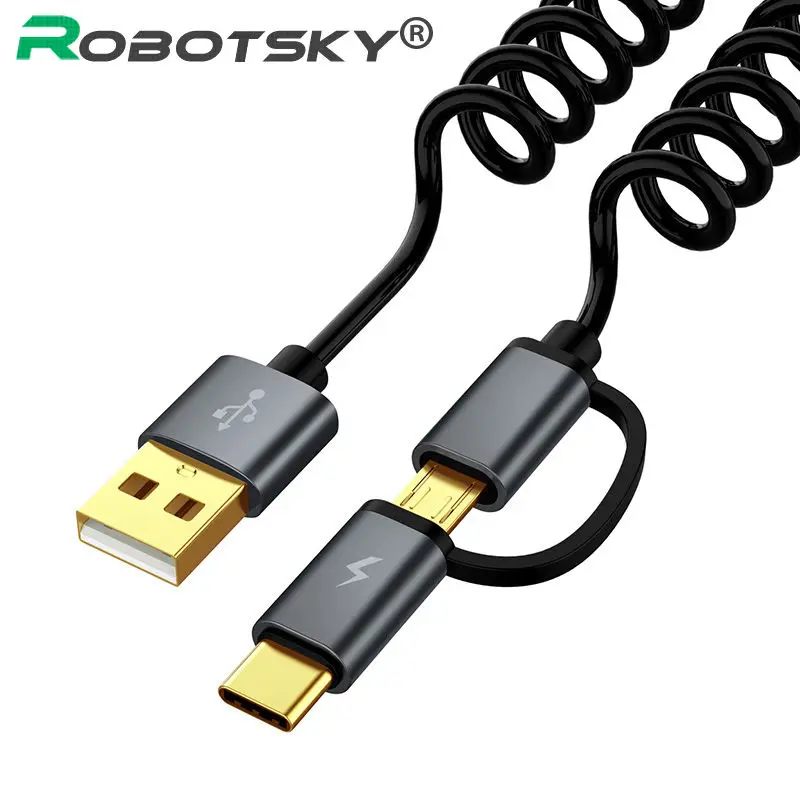 2 в 1 USB пружинный кабель для передачи данных type C Портативный Micro USB-C кабель для быстрой зарядки мобильного телефона для samsung Oneplus Xiaomi huawei LG