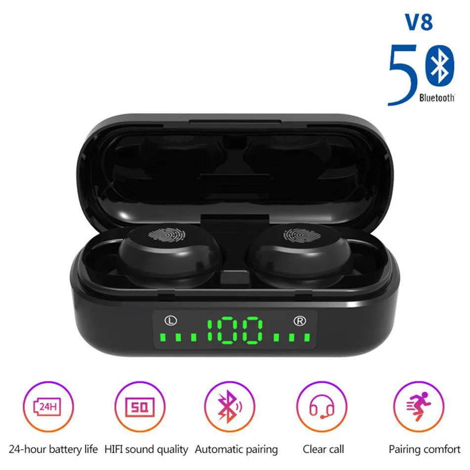 

V8 TWS New Wireless Earphone Bluetooth LED Display Touch Screen Touch 5.0 Stereo With Mic Waterproof Noise Cancelation headphone