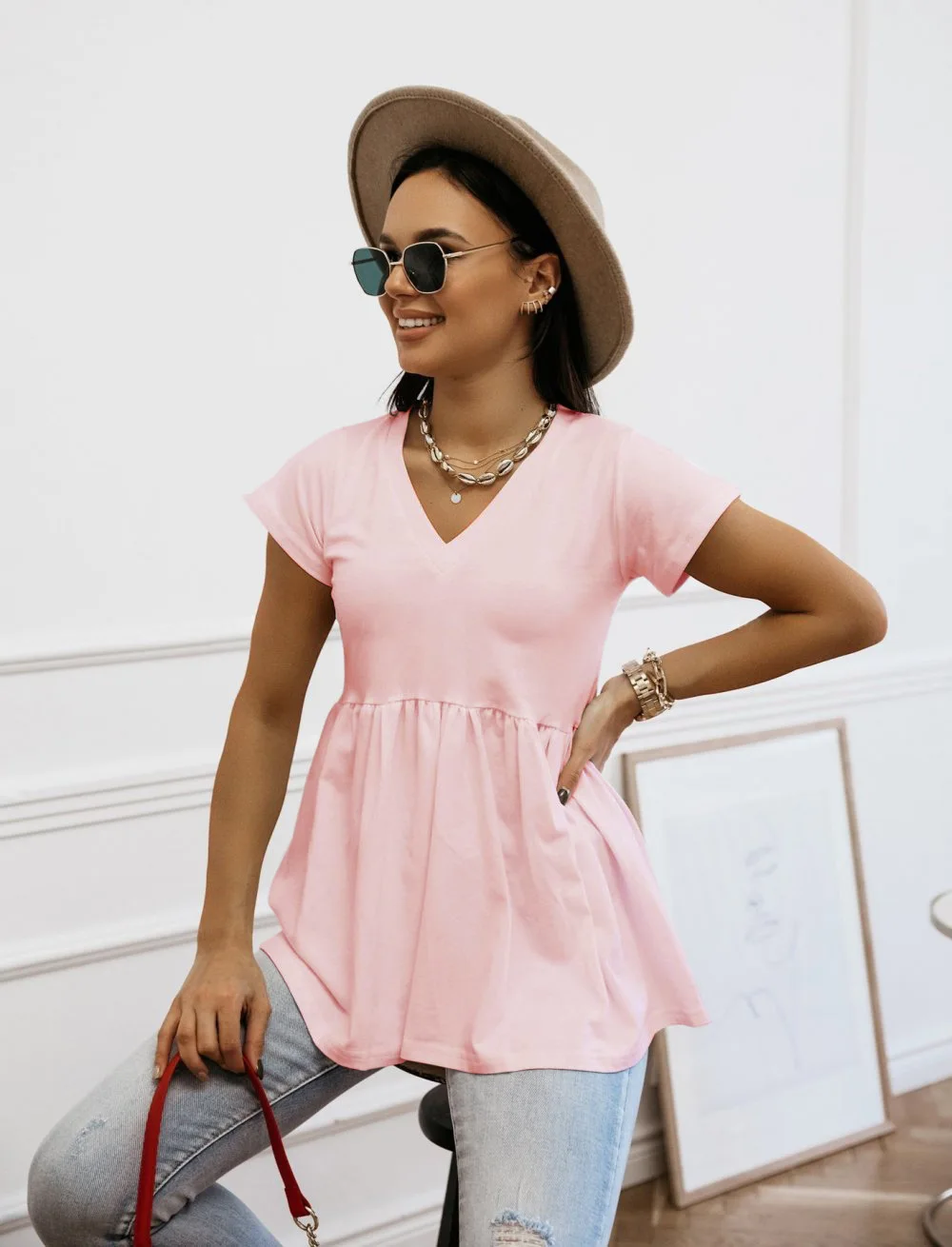 Flare Tunic Loose Peplum V Neck