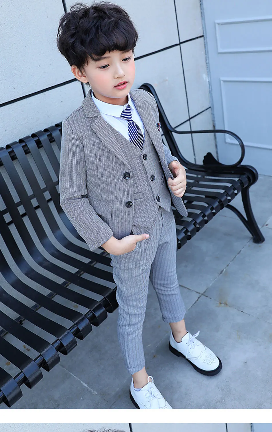 Children's Small Suit Autumn And Winter New Boys Striped Three-Piece Suit Jacket Vest Pants Flower Girl Wedding Birthday Dress