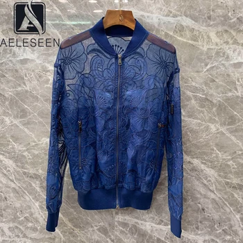 

AELESEEN Fashion Metallic Mesh Jacket 2020 Spring Summer Women Bomber Jacket Flower Embroidery Blue Pink Black Elegant Jackets